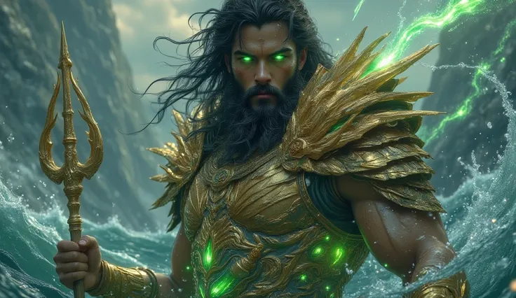  Poseidon, Greek god, hair and black beard, turquoise eyes and golden armor with a green bottle of poison pouring the liquid into the trident