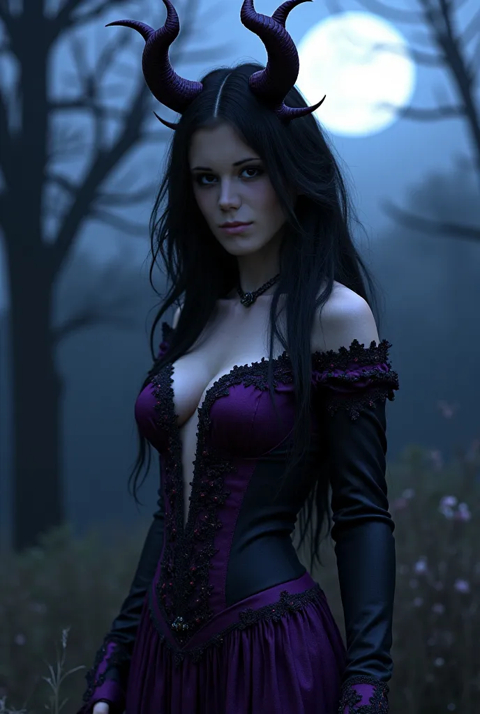 Gorgeous woman in sexy demon outfit dark black and purple at night during full moon