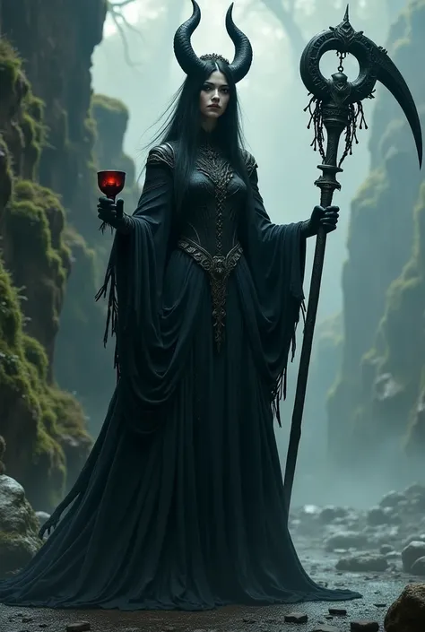 A goddess She is described as a tall woman with a robe of night shadows and a crown of black horns. Her eyes are two frozen sockets that reflect thousands of lost souls. In her right hand she carries the stone scythe of the underworld, and in her left hand...