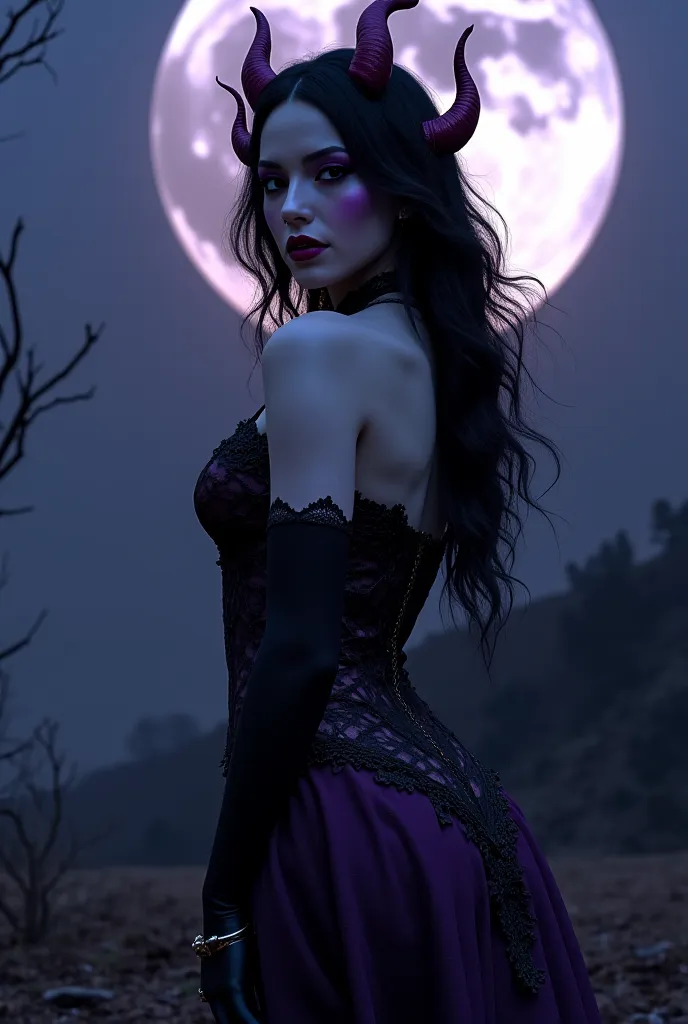 Gorgeous woman in sexy demon outfit dark black and purple at night during full moon