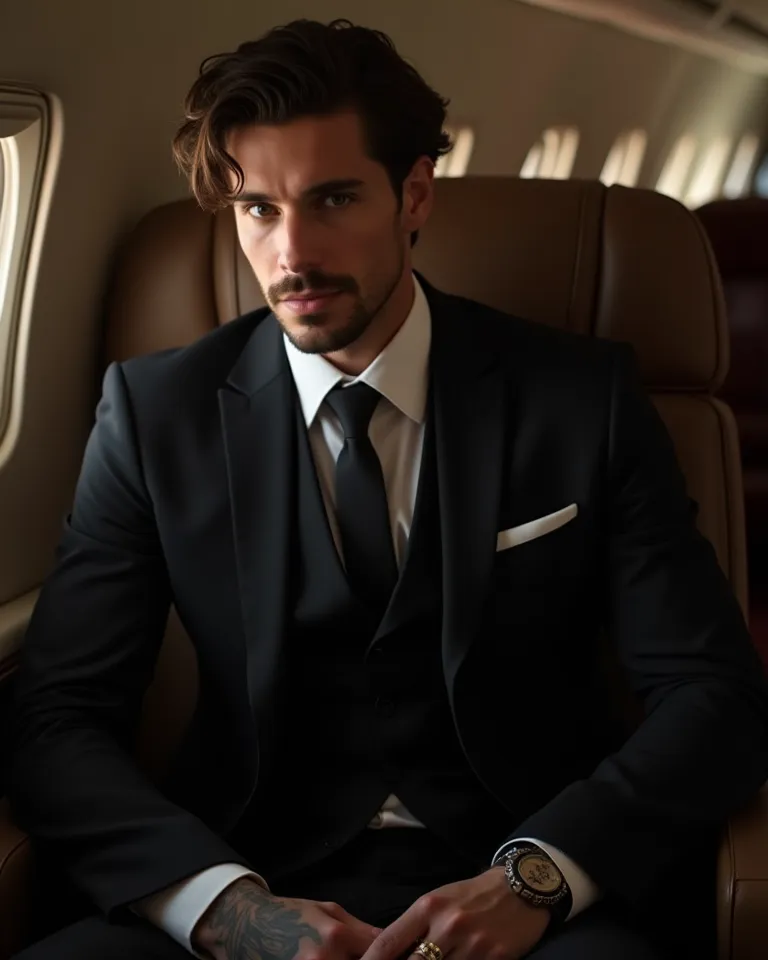  A Man, yummy, In an elegant black suit, with tattoo on hands,  dark hair, Sitting in the Private Jet, Present face to face with another 25-year-old man,  blond hair, Also sitting in the chair, Are you wearing dress clothes, simple