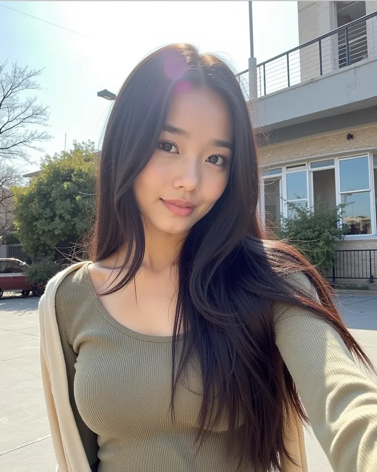 A Beautiful asian women with long black straight hair, 20 years old,sexy, wearing a cute, nightview,  nighttime, cat eye make-up, beautiful eyes ,  full body shot, sexy pose,  sexy pose, High resolution, selfie, good quality,  masterpiece, sexy pose,full b...