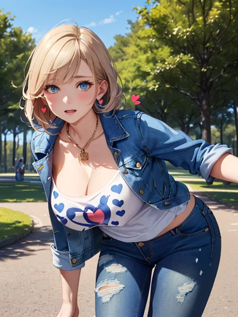 ((t-shirt)), ((I learned about a masterpiece)), (ultra detailed), 1 woman,((with a blue denim jacket)), ((blouse caught)), ((printed with hearts)), ((neckline)), ((big breasts)), ((blue fitted denim pants)), ((looking at the camera)), ((front view)), ((see...