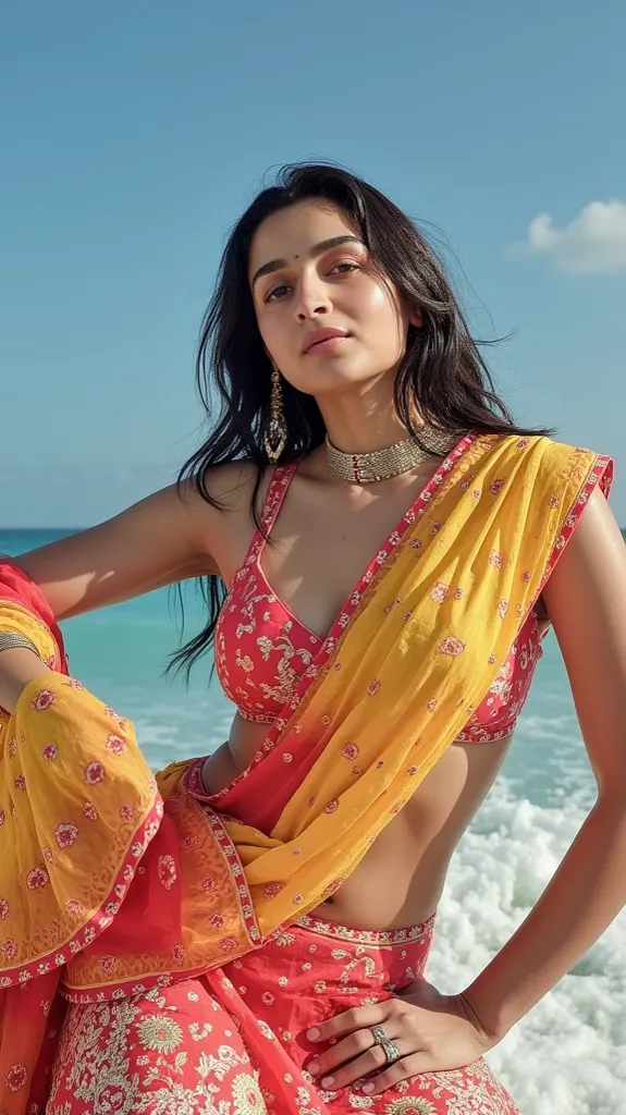 HD wallpaper 32k cinematic shoot of a Beautiful cute wet Pooja Hegde, with thick thighs and a curvy chubby waist,  wearing a beautiful Indian dress, ((lowwaist)), ((wet girl)), ((sweaty girl)) low sexy hip sexy billi