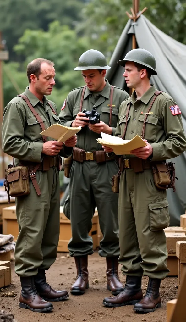 Close-up of worried American officers looking at papers or binoculars, showing concern (officers: ages 30-45 years old, gender: male, body shape: average to fit, wearing World War II-style military uniforms with olive-green jackets, pants, and leather boot...