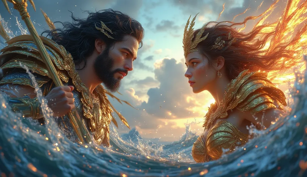 Poseidon blue eyes, black hair and beard with golden armor and a trident pointing to Athena, Greek goddess, golden armor and brown hair with sparks and fire