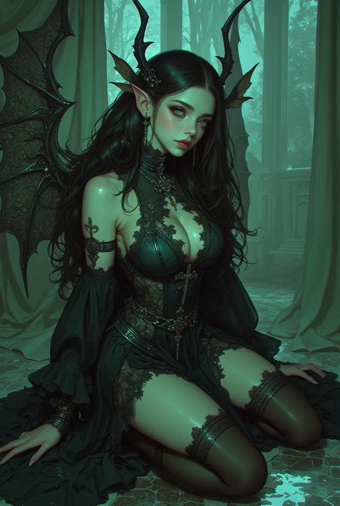 a young woman kneeling, half angel half demon, gothic dress, cinematic lighting, dramatic pose, intricate detailed fantasy character, dramatic shadows, ethereal, mystical, atmospheric, moody, dark, glowing eyes, flowing hair, horns, wings, high quality, 8k...