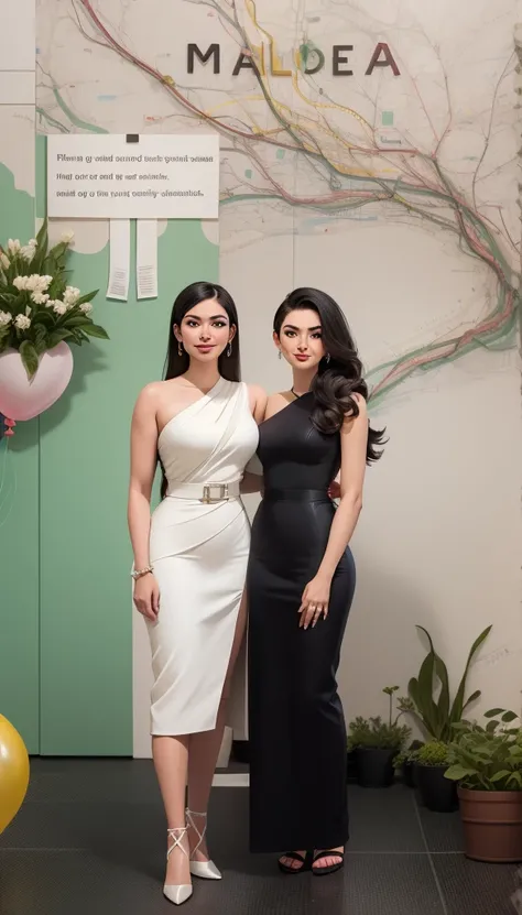 two women standing in front of a wall with balloons and a sign, in front of white back drop, 🤬 🤮 💕 🎀, two models in the frame, modeling for dulce and gabanna, smooth in _ the background, profile image, by Robbie Trevino, by Olivia Peguero, olivia de bernar...