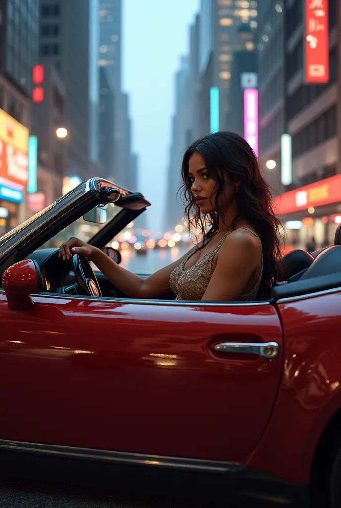 Half-naked woman in a convertible car in the center of a bustling city 