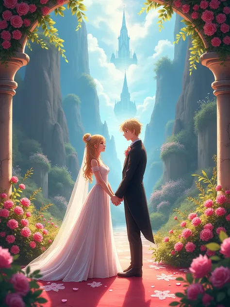 Frieren, Saitama, wedding ceremony, romantic atmosphere, medieval fantasy setting, elegant wedding dress, simple tuxedo, holding hands, emotional expressions, fantasy background, detailed, soft lighting, vibrant colors, highly detailed, anime art style.