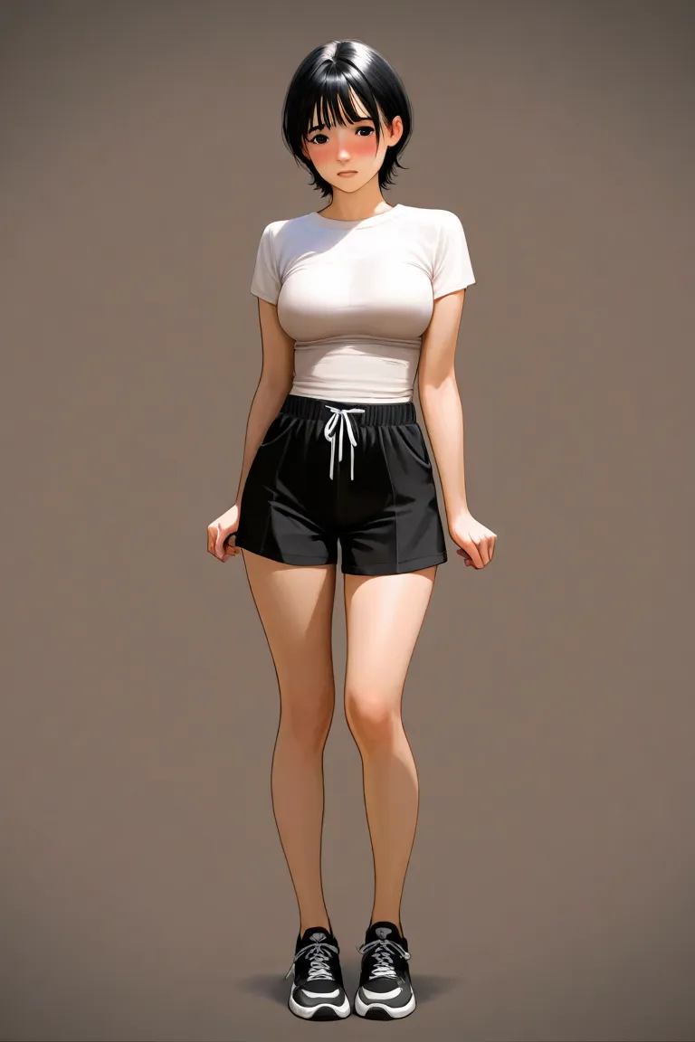 Short Hair、 black hair、 black eyes、Beautiful breasts、I'm shy、shorts