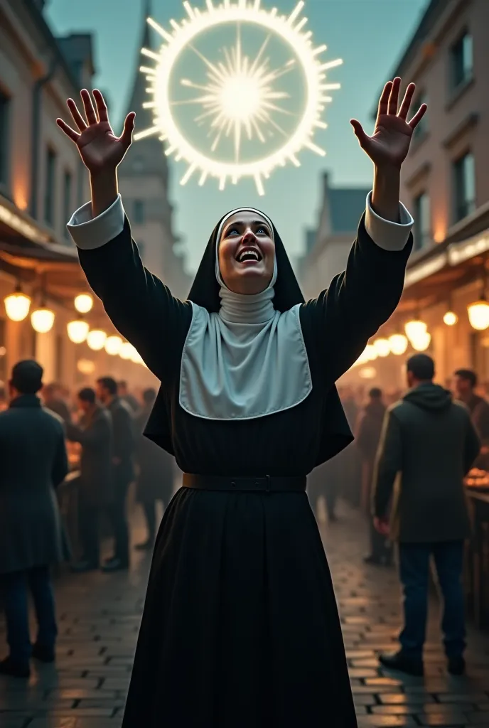 A nun dressed in a traditional black and white dress, with a furious expression, raises her hands to the sky in the middle of a crowded market square. Bright arcane circles appear around her, emanating a dark and mysterious energy. The crowd of bystanders ...