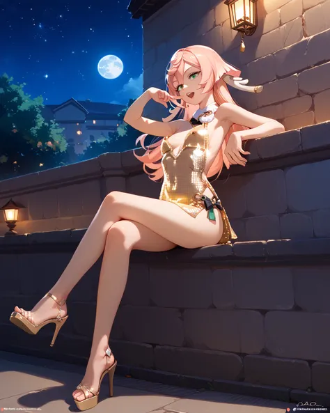 score_9, score_8_up, score_7_up, score_6_up, source_anime, anime, solo, 1girl, yanfeidef, green eyes, pink hair, long hair, antlers, small breasts, disco dress, microdress, full body, high heels, outdoors, sitting on little wall, night, moon, stars, moonsh...