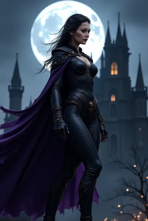 Beautiful woman in sexy dark black and purple warrior outfit in front of a dark castle at full moon night