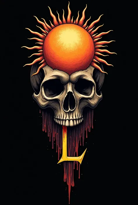 Tattoo sketch of a sun with a skull and a letter L