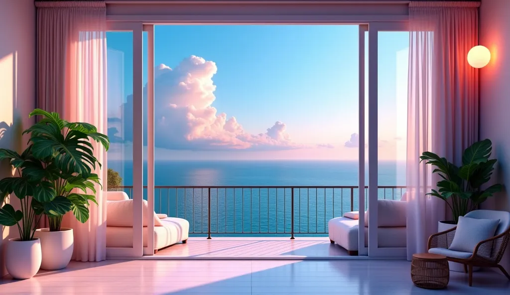 ultra realistic image of balconies with ocean views 、 Beautiful Tranquil Lo-Fi atmosphere、Monstera plant、Pendant lamp、 4k high definition 、cloud、  large window 、Open balcony 、 beautiful UHD 4K art 、 Beautiful art illustration 、 Highly Detailed Digital Phot...