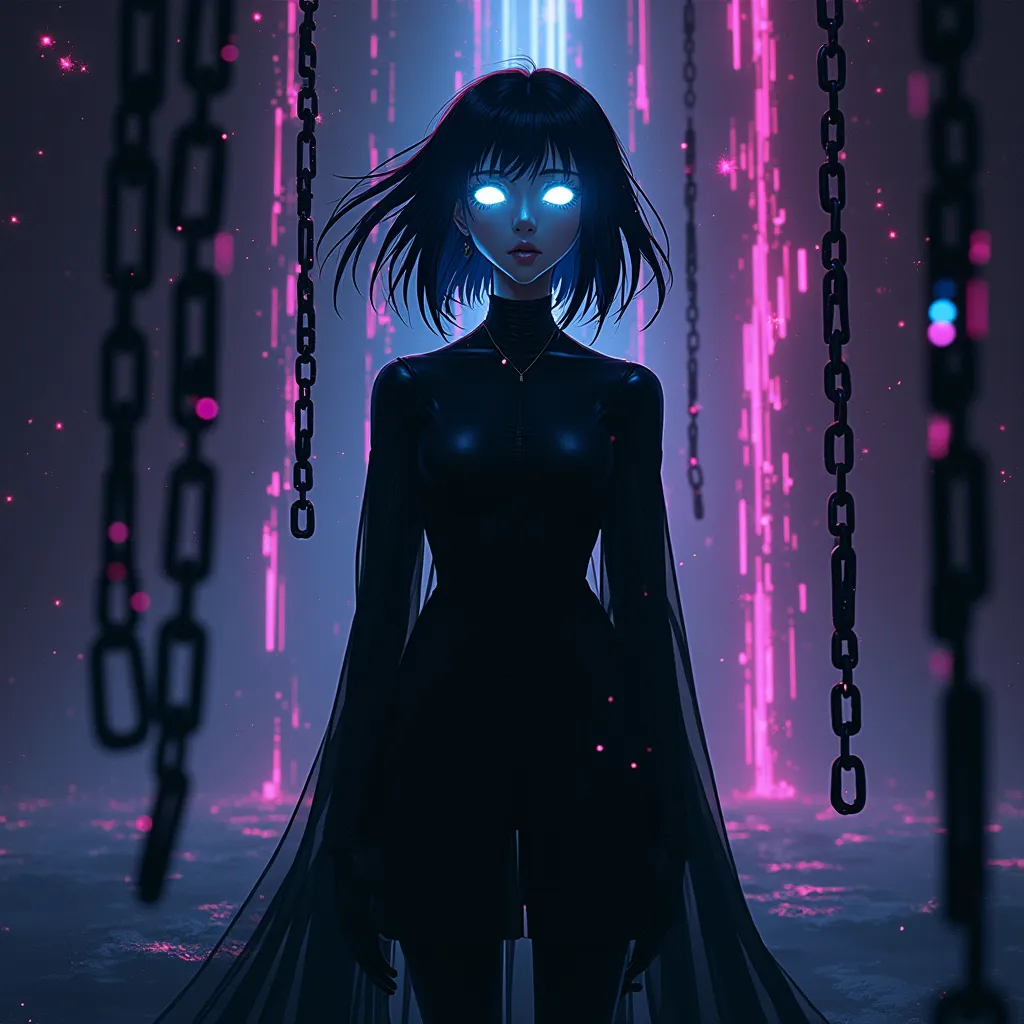 Anime man 1 on 1 and the body is fully black only eyes are glowing with white effects and background with lots of glitch space neon effects and black chain flying besides her far distance view And her hairs are flying And looks at his reflection 