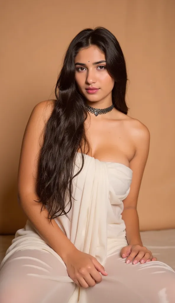 Young woman, South Asian ethnicity, in her late s or early twenties, seated, draped in a soft, off-white sheer cotton fabric, in a studio setting.  The fabric drapes sensually over her body, highlighting her form.  She has long, dark brown hair, parted on ...