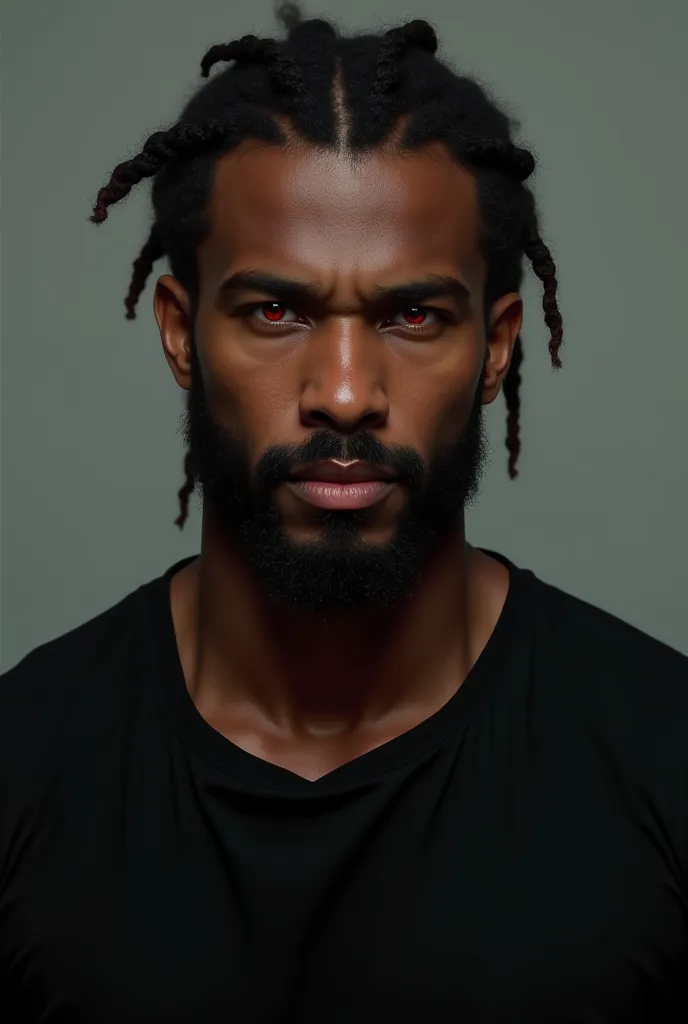 Make me an image of a muscular boy in a black shirt , not so dark brown skin color with braids , red eyes and beard 