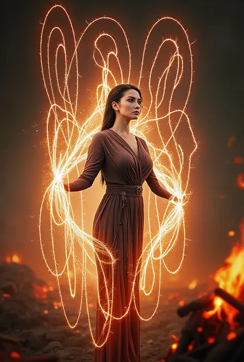 in short, she should be standing in a fire and there should be white psionic threads next to her 