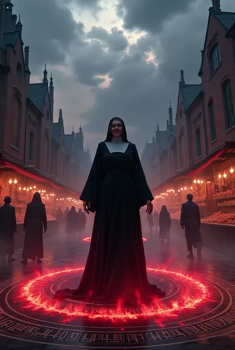 A nun dressed in a long torn black dress, with her face twisted in anger and bloodshot eyes, performs a ritual dark in the middle of a medieval market square. The sky above her is covered by swirling black clouds, illuminated by red and purple flashes. A h...