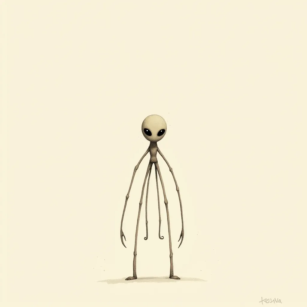 Dans un style très minimaliste , dessin simpliste , ( Jon Klassen  ) un extra terrestre avec des grands bras