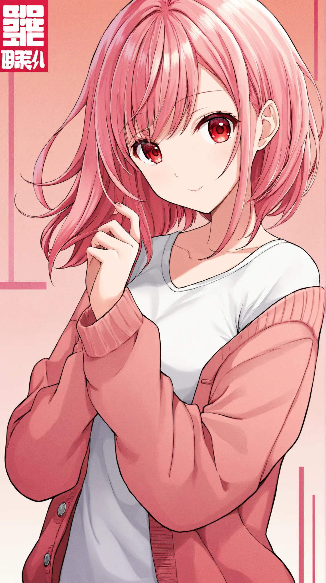 "A beautiful anime-style girl with pink hair and red eyes, looking slightly playful with a soft expression. She wears a white shirt and a pink knitted cardigan, giving off a cozy yet stylish vibe. The illustration features high-quality manga-style shading ...