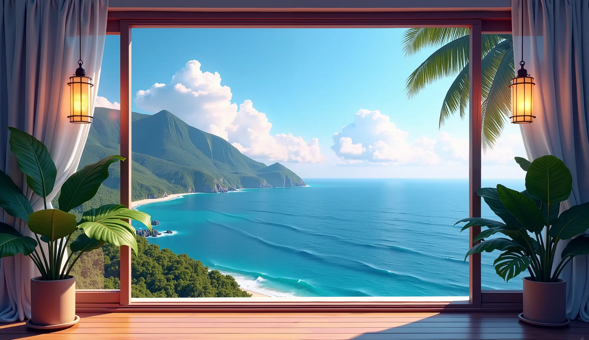 ultra realistic image of balconies with ocean views 、 Beautiful Tranquil Lo-Fi atmosphere、Monstera plant、Pendant lamp、 4k high definition 、cloud、  large window 、Open balcony 、 beautiful UHD 4K art 、 Beautiful art illustration 、 Highly Detailed Digital Phot...