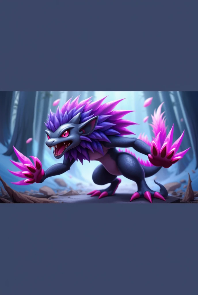 Create a Pokémon with the body of a wolf and the head of a mouse with a purple lion's mane with shades of fuchsia..It has big legs with fuchsia claws 