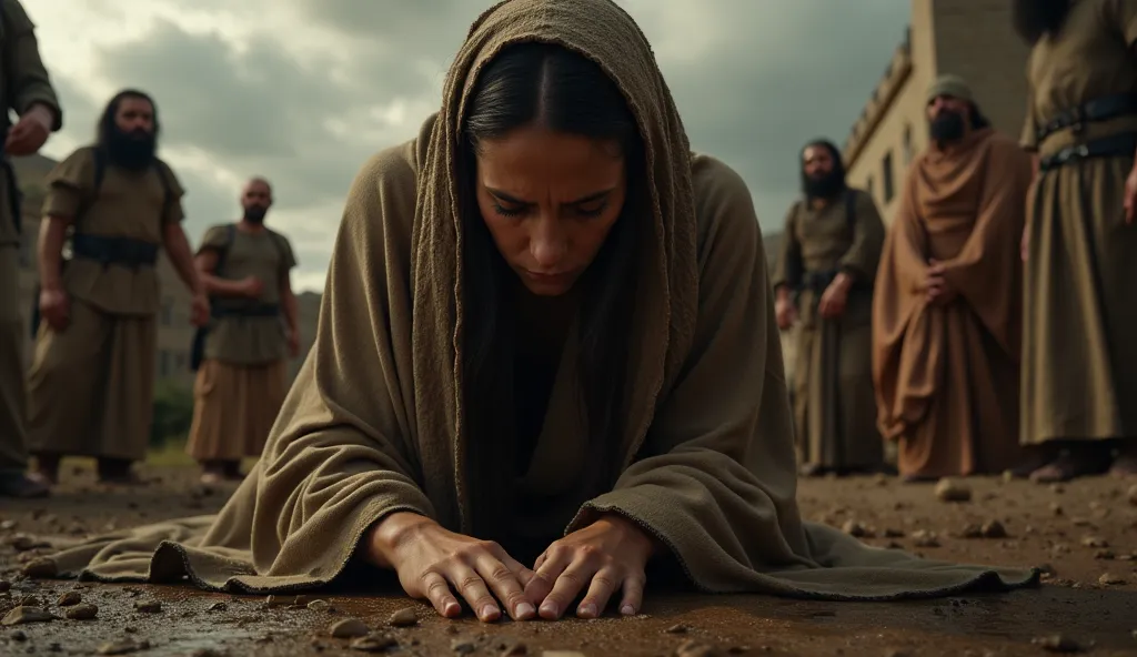 Mary Magdalene, her face bathed in tears and full of agony, ON HER KNEES, with a tattered shawl over her head, hands TOUCHING THE GROUND in silent prayer, Roman soldiers mocking in the background, the sky obscured by storm clouds, Jesus BEING BEATEN AND TH...