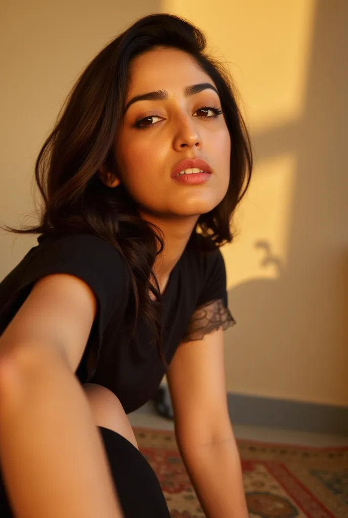 Gorgeous Yami gautam with flawless hair and face, bold confident expression, wearing a black sleeveless dress, standing and flaunting her (legs and thighs), golden hour, (best quality, canon eos, high resolution, 8k, award winning photography)