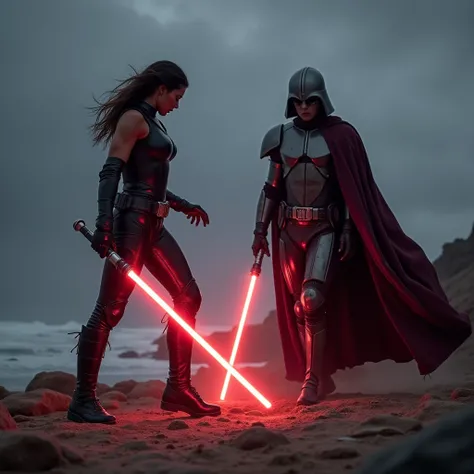 An intense cinematic glow, focused on two powerful Sith in a rocky seaside landscape,  under a dark, cloudy sky . on one side,  a brown-skinned woman , long, frizzy hair loose, wearing a black leather suit close to the body with metal plates reinforced. Yo...