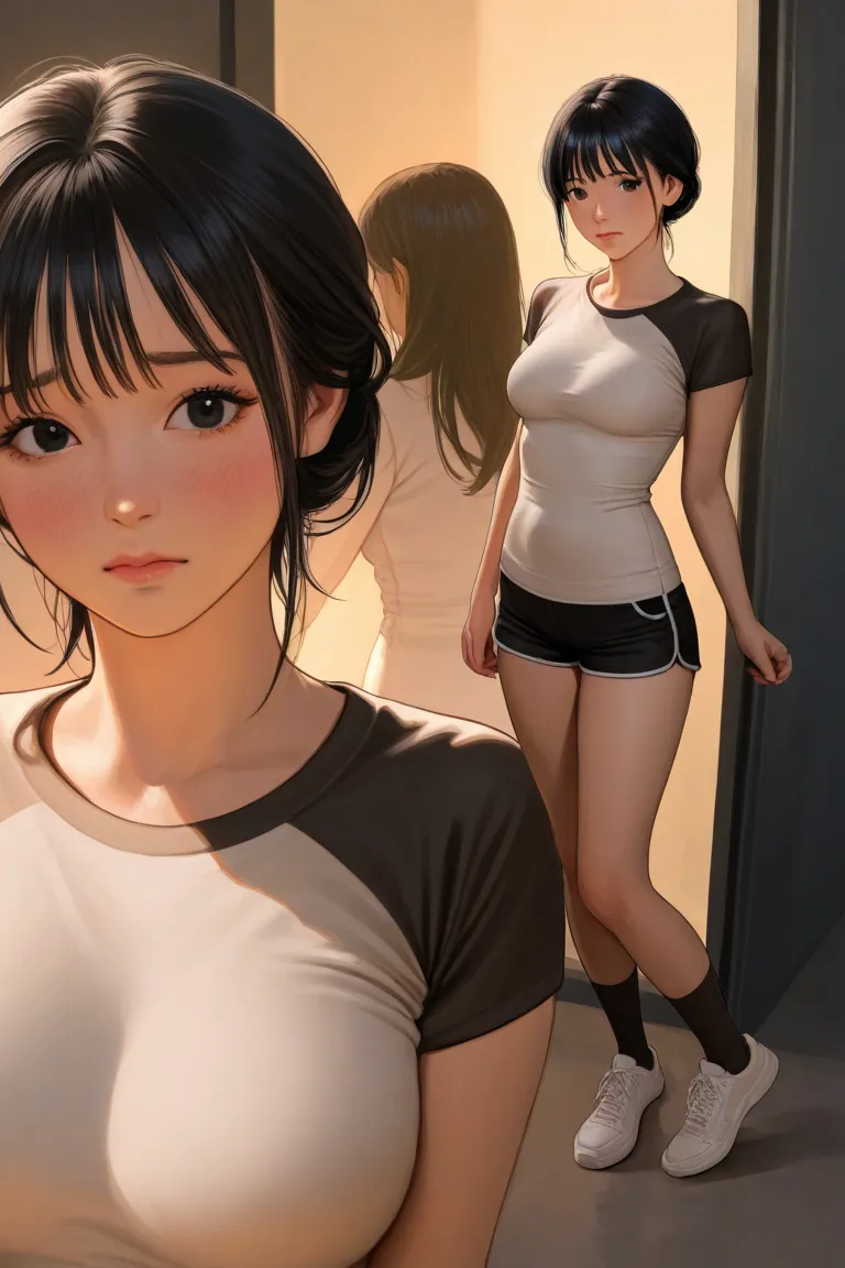 Short Hair、 black hair、 black eyes、Beautiful breasts、I'm shy、shorts