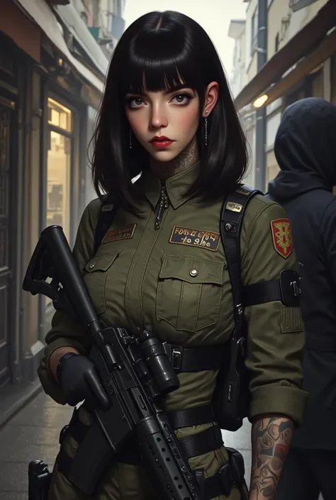 Black-haired military girl operative Mara with a gun in her hands and a tattoo