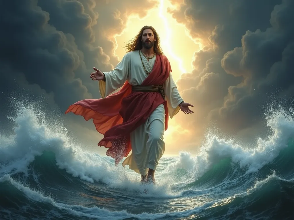 A highly detailed and realistic digital painting of Jesus Christ walking on the stormy sea. He has long brown hair, a beard, and wears a flowing white robe with a red sash. His expression is calm and powerful as massive waves crash around Him. The dark sto...