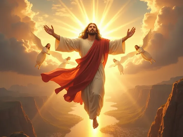 A stunning and highly detailed digital painting of Jesus Christ descending from the heavens, surrounded by radiant golden light. He has long brown hair, a beard, and wears a white robe with a red sash. His arms are outstretched as if welcoming the world. T...