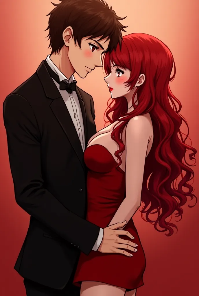 Make an anime of a brown-haired vampire man,  white skin, Red Eyes, His body is thin and thin... He has a neutral but passionate expression... he is with his girlfriend, She has an hourglass body (medium breasts, medium round ass and thin waist), she has w...