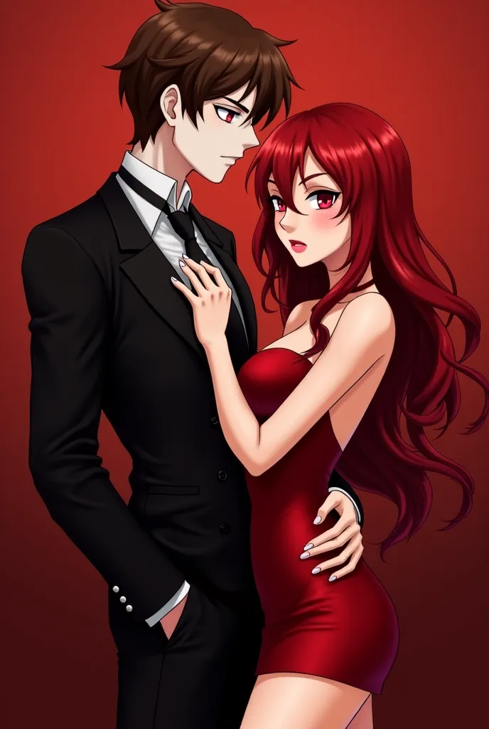 Make an anime of a brown-haired vampire man,  white skin, Red Eyes, His body is thin and thin... He has a neutral but passionate expression... he is with his girlfriend, She has an hourglass body (medium breasts, medium round ass and thin waist), she has w...