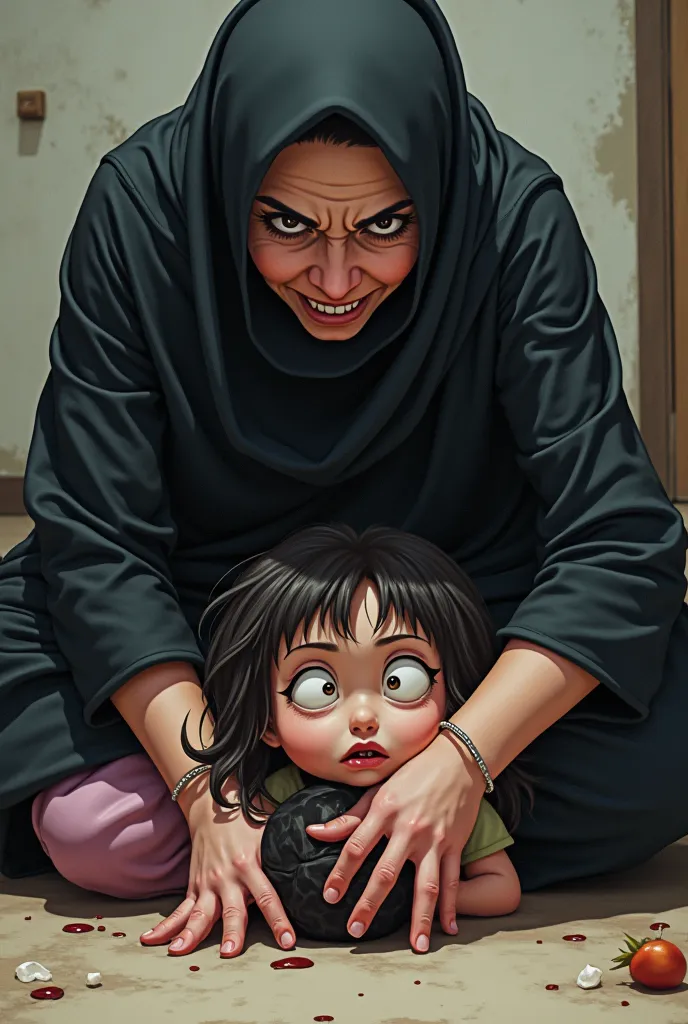 An angry 30-year-old Arab mother sits on a girl with a age girl's head under her feet and holds the girl and closes her feet. Anime