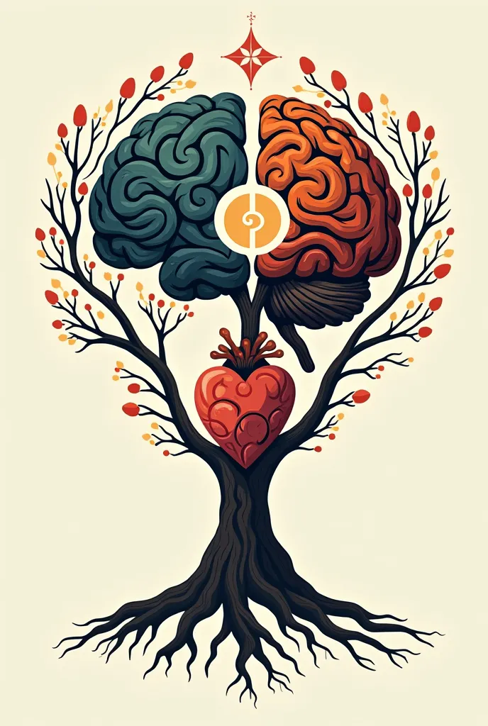 A tree of life intertwining all the elements. A stylized brain , A stylized heart,
The symbol of psychology  (Ψ) placed between the brain and the heart.