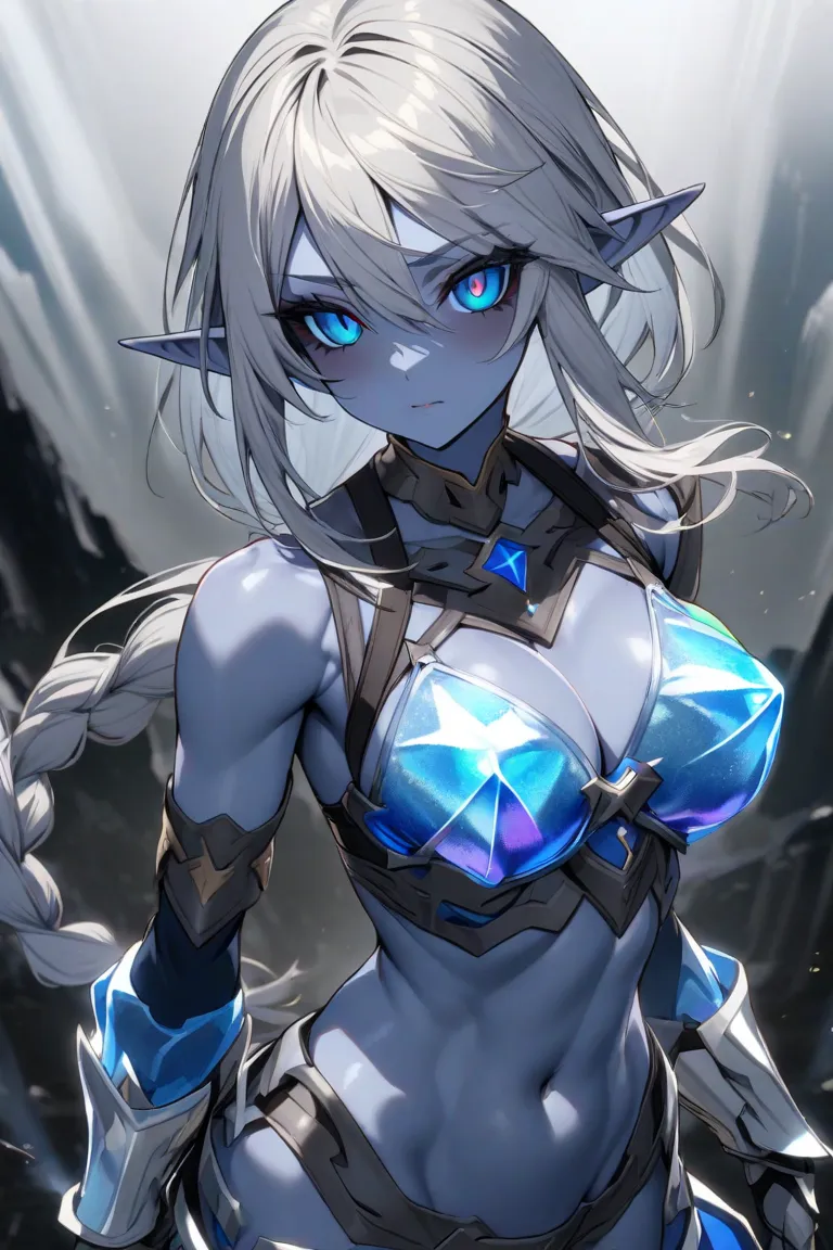 Elf female, dark grey blue skin, fitness body, great breasts, covered by translucent ice bra, translucent ice panty, translucent armored greaves, translucent armored gauntlets,grey hair, braided long ponytail, black sclera, blue bright eyes, blue bright ru...