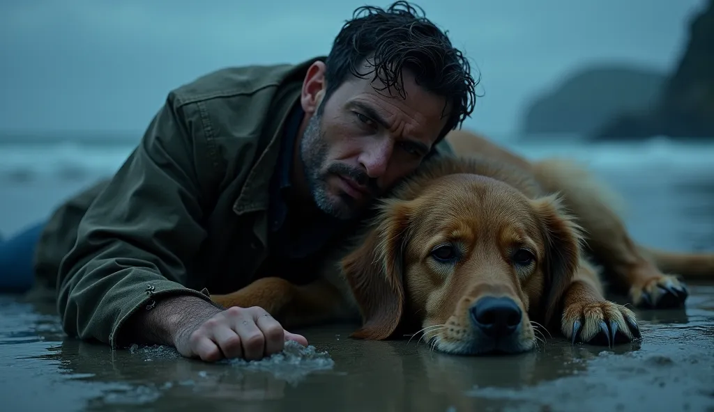 It shows a man and his dog, lying at night on the seashore, after escaping a shipwreck during a storm. The man wears a jacket. They are both very wet and exhausted.