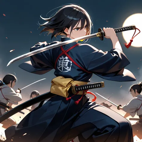 masterpiece,best quality,Very accurate,woman,Japanese clothing,swordsman,katana,black hair,battle,