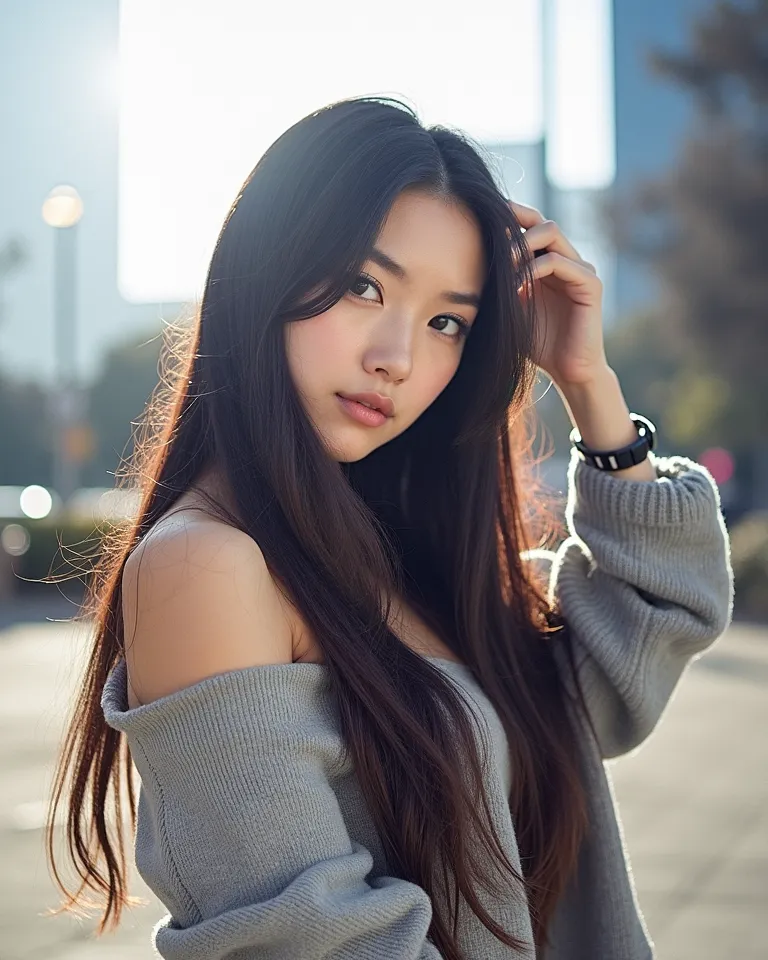 A Beautiful asian women with long black straight hair, 20 years old,sexy, wearing a cute, nightview,  nighttime, cat eye make-up, beautiful eyes ,  full body shot, sexy pose,  sexy pose, High resolution, selfie, good quality,  masterpiece, sexy pose,full b...