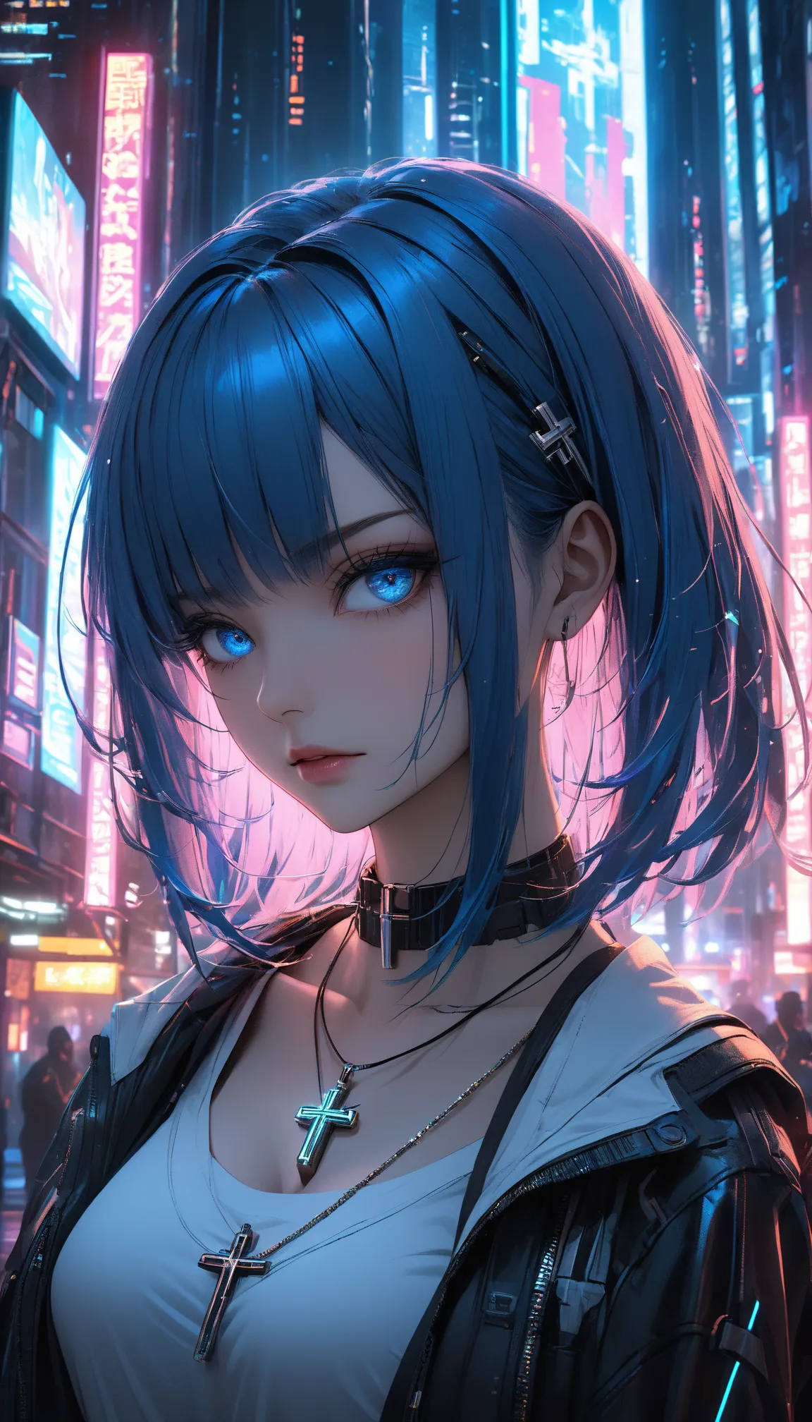 super realism、Hyperrealistic One Girl. cyberpunk
(青いhair.Blue Eyes. cross necklace.)( hair,  複数の馬鹿なhair , )
amazing, sparkle,  particle , Shine,human