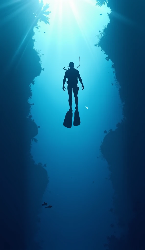 Diver descending into the dark depths of the ocean