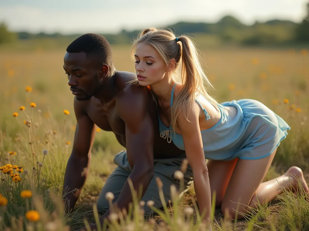 A 20 year old Swedish girl, blonde, long ponytails, eyes closed, wearing a very short, light blue, transparent nightgown, without underwear. The girl is on all four on the ground in a field,sunny day, and a black african man is holding her from behind. Her...