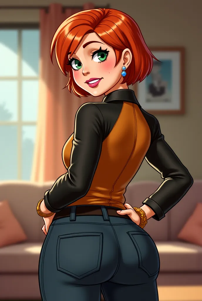  score_9, score_8_arriba, score_7_arriba,   source   _ cartoon BREAK GwenSDXL, a girl, short hair,shirt, hair ornament, Long Sleeves Leather,Jeweler&#39;S,  green eyes , earrings, pinza , pants, orange hair, swept bangs , raglan sleeves , cowboy shot ,  ro...