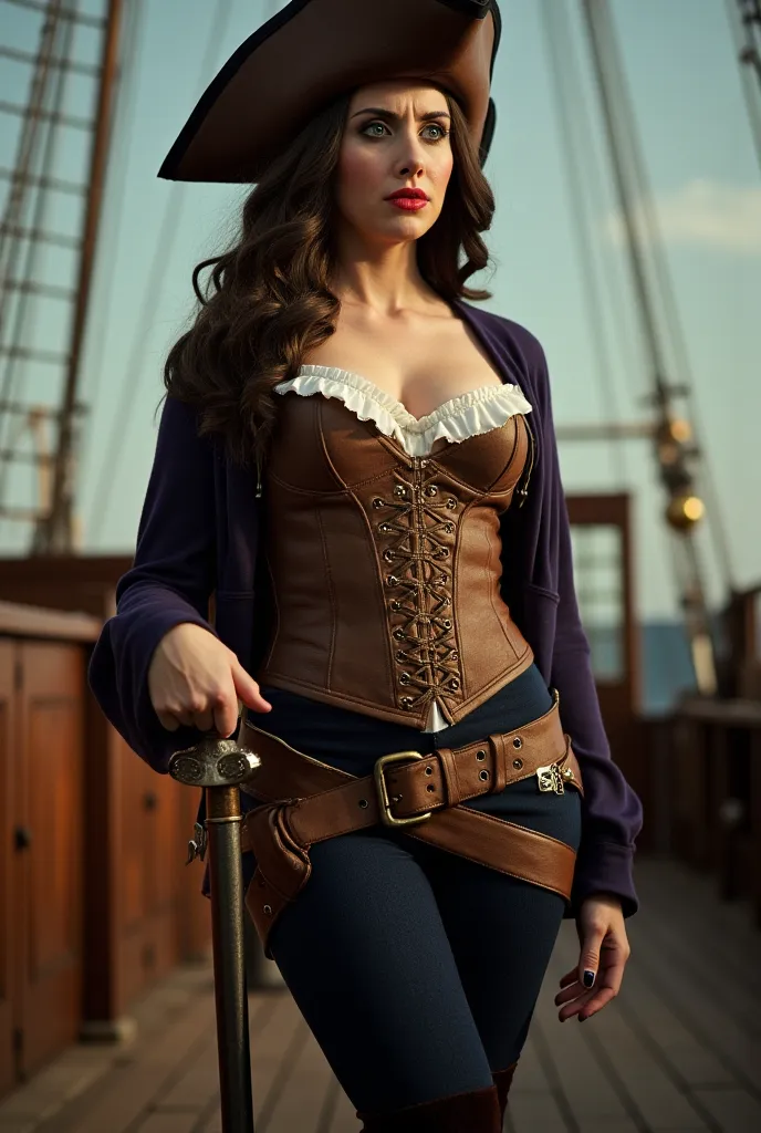 Alison Brie as a pirate queen, standing on the deck of her ship, pirate hat, saber in hand, corset, cleavage, detailed portrait, cinematic lighting, dramatic expression, oil painting, photorealistic, 8K, HDR, high quality, ultra-detailed