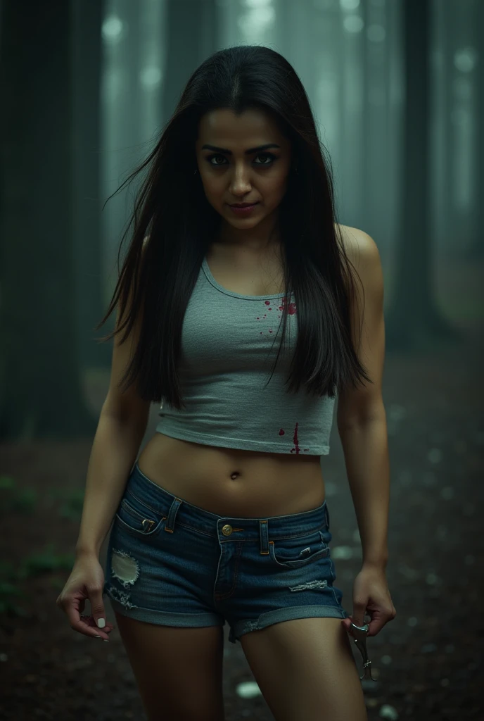 a furious woman with Trishul, angry expression, detailed angry face, powerful stance, long black hair, wearing a light Grey Tank with Blood Stains and wearing a blue denim shorts, full body visible, dark forest background, moody atmosphere, dark aura, cine...